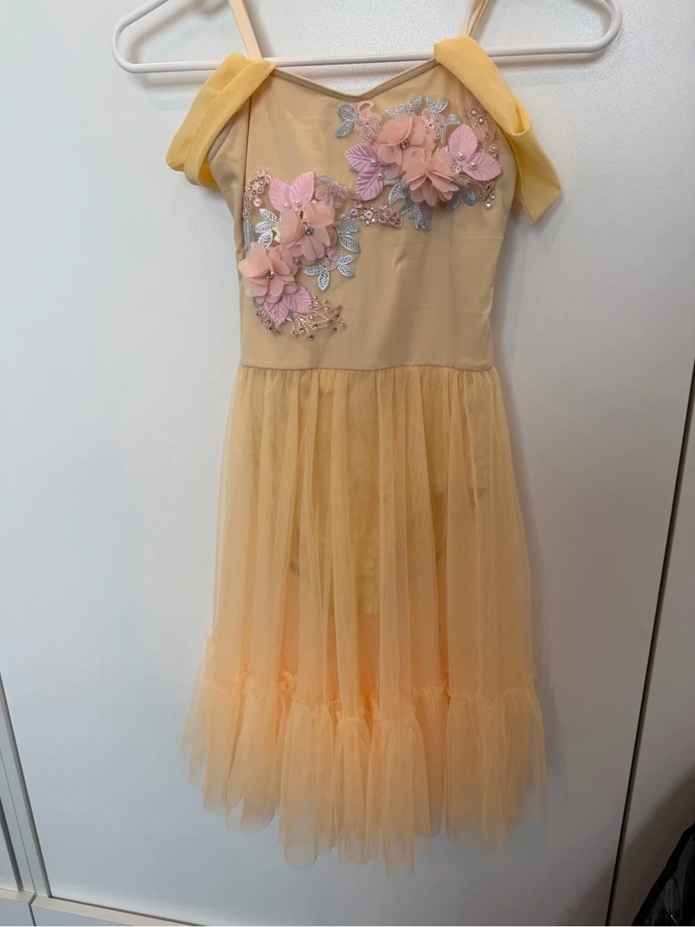 Weissman Yellow Floral Appliqué Tulle Dance Costume